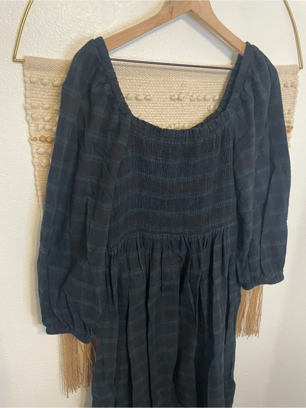 J. Crew Smocked Tartan Plaid Midi Dress Black Green Fall Prairie L 100% Cotton
